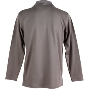 A grey long sleeve polo shirt with a collar, featuring a logo on the back.
