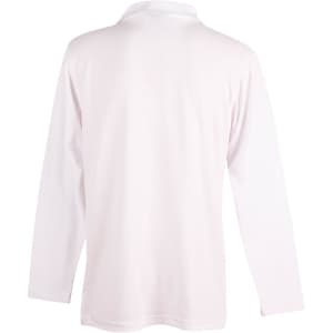 A men's long sleeve polo shirt in white, featuring a collar and a logo on the back.