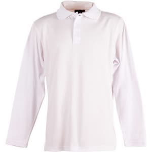 A white long sleeve polo shirt featuring a collar and buttons, with a logo on the chest.