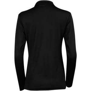 A black long sleeve polo shirt featuring a collar and a smooth fabric finish, with a logo on the back.