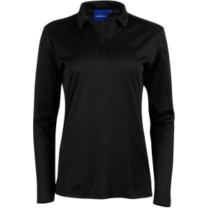 A black long sleeve polo shirt with a collar and three buttons, featuring a logo on the chest.