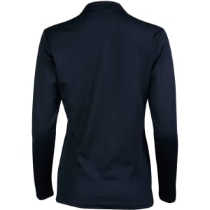 A navy long sleeve polo shirt featuring a smooth back design and a collar. It includes a logo detail.