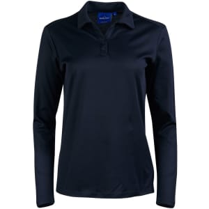 A dark navy long sleeve polo shirt with a collar and three buttons, featuring a logo on the front.