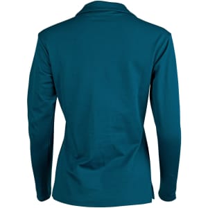 A long sleeve polo shirt in teal with a plain back and a collar. It features a logo on the front.