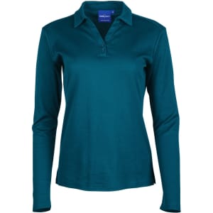 A long sleeve polo shirt in teal, featuring a collar and a buttoned placket. It has a logo on the chest.
