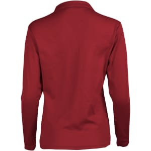 A long sleeve polo shirt in deep red with a back view, featuring a collar and a logo.