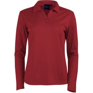 A red long sleeve polo shirt featuring a collar and buttons, with a logo on the chest.