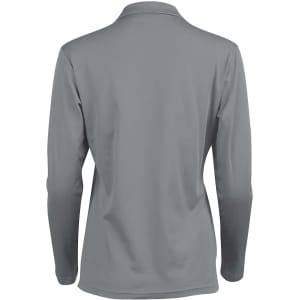 A long sleeve polo shirt in grey, featuring a collar and a logo on the back.