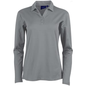 A long sleeve polo shirt in grey, featuring a collar and three buttons, with branding on the neckline.