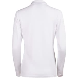 A long sleeve polo shirt in white, featuring a collar and a brand logo on the back.
