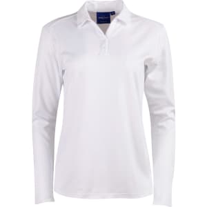 A white long sleeve polo shirt with a collar and buttons, featuring a logo on the front.