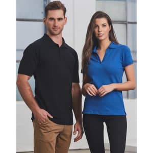 A black men's polo shirt and a blue women's polo shirt displayed on models against a light background. Each shirt has a logo.