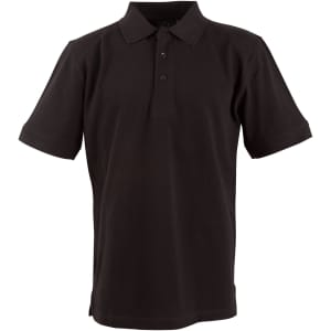 Men's polo shirt in black with a collared neckline and short sleeves. Features a logo on the chest.