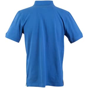 A blue men's polo shirt with a collar and short sleeves, featuring a logo on the back.