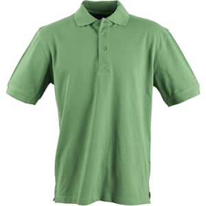 A green men's polo shirt featuring a classic collar and short sleeves, with a logo on the chest.
