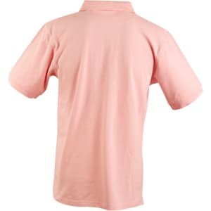A pink men's polo shirt featuring short sleeves and a classic collar, with a branding logo on the back.