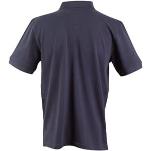 A navy blue men's polo shirt with a classic collar and short sleeves, featuring a logo on the back.