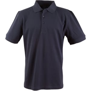 A navy blue men's polo shirt featuring a collared neck and short sleeves, with a logo on the chest.