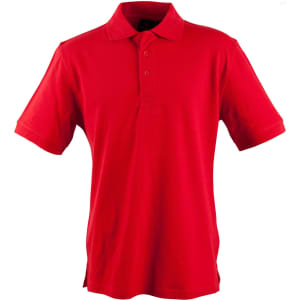 A bright red men's polo shirt featuring a collar, short sleeves, and a logo on the chest.