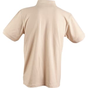 A beige men's polo shirt with a collar and short sleeves, featuring a logo on the back.