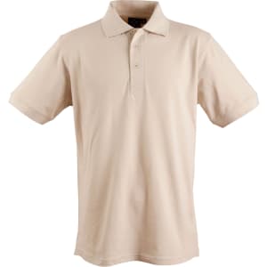 A beige men's polo shirt with a collared neckline and short sleeves, featuring a logo.
