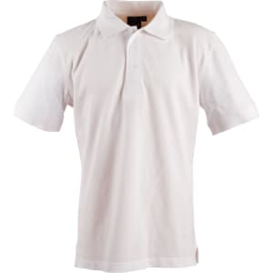 A white short-sleeved polo shirt with a collar and a small logo on the chest.