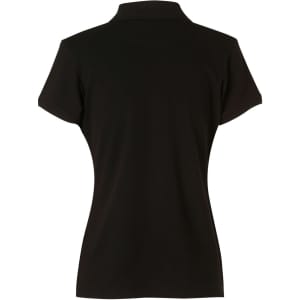 A black ladies' polo shirt with a classic collar and short sleeves, featuring a logo on the front.