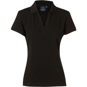 A black ladies' polo shirt featuring a collar and short sleeves, with a logo on the label.