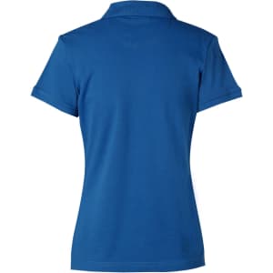 A blue ladies' polo shirt with a classic design and a logo on the back.
