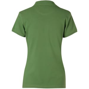 A green ladies' polo shirt featuring a collar and a logo on the back.