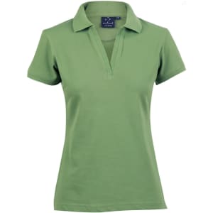 A green ladies’ polo shirt with a collar and a logo on the upper left side.