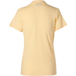 A yellow ladies' polo shirt with a simple design and short sleeves, featuring a logo on the back.