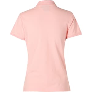 A pink ladies' polo shirt featuring a classic design with a collar and short sleeves, and includes a logo.