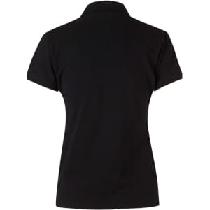 A black ladies' polo shirt with a classic collar and short sleeves, featuring a small logo.
