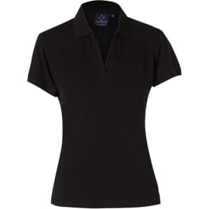 A black ladies' polo shirt with a collared neckline and short sleeves. It features a logo on the chest area.