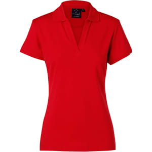 A red ladies' polo shirt with a collared neck and short sleeves, featuring a brand logo.