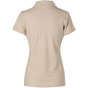 A beige ladies' polo shirt featuring a collar and short sleeves, with a logo on the back.