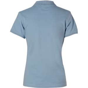 A light blue polo shirt with a classic collar and short sleeves, featuring branding on the back.