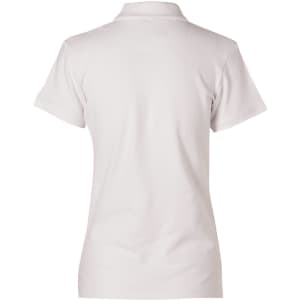 A women's white polo shirt featuring a collar and short sleeves. The shirt has a logo on the back.