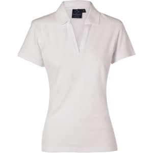 A white Ladies' Longbeach Polo shirt with a collar and a logo on the label.