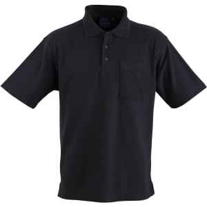 A black pocket short sleeve polo shirt with a collar and a chest pocket, featuring a logo.
