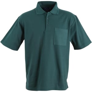 A green pocket short sleeve polo shirt with a four-button placket and a chest pocket. It has a logo on the front.