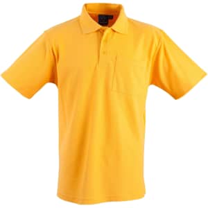 A yellow short sleeve polo shirt with a pocket and a logo on the chest area.