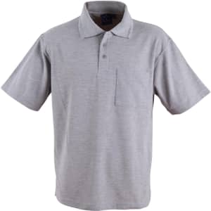 A grey short sleeve polo shirt with a pocket and a logo on the chest.