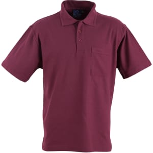 A maroon short sleeve polo shirt featuring a pocket and a logo.