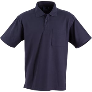 A navy blue pocket short sleeve polo shirt with a classic collar and a logo on the chest pocket.
