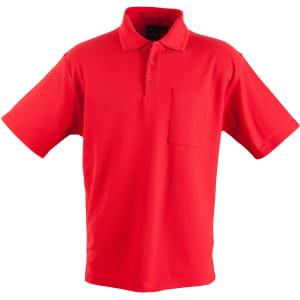 A red pocket short sleeve polo shirt with a classic collar and one chest pocket. It features a logo on the label.