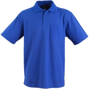 A blue short sleeve polo shirt with a pocket and a logo on the chest area.