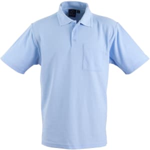 A light blue short sleeve polo shirt with a chest pocket and a logo on the collar.