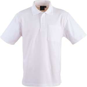 A white short sleeve polo shirt with a pocket and a logo on the collar.